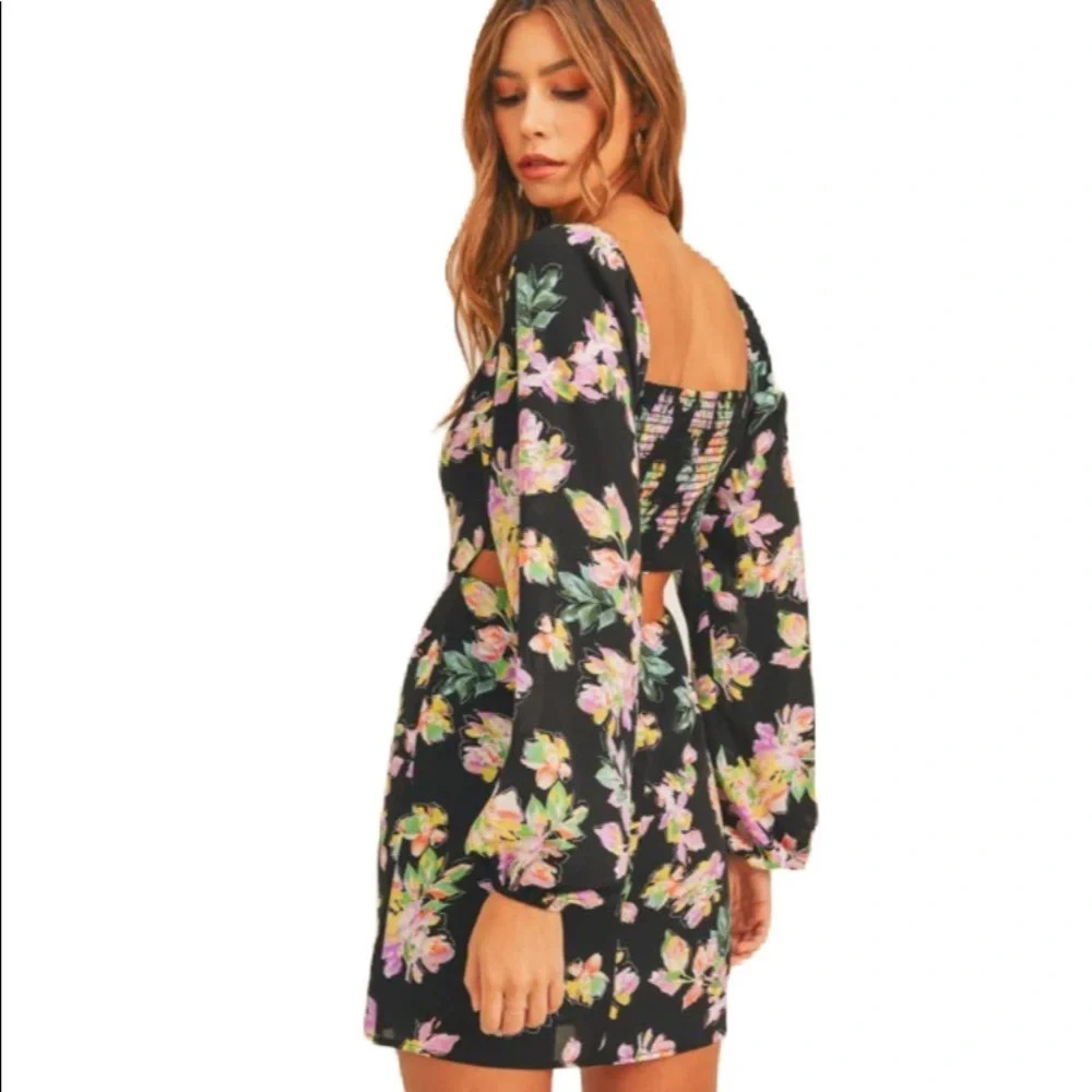 Lush NEW Square Neck Mini Dress Back Smocking‎ Cutout Detail Dark Floral Print